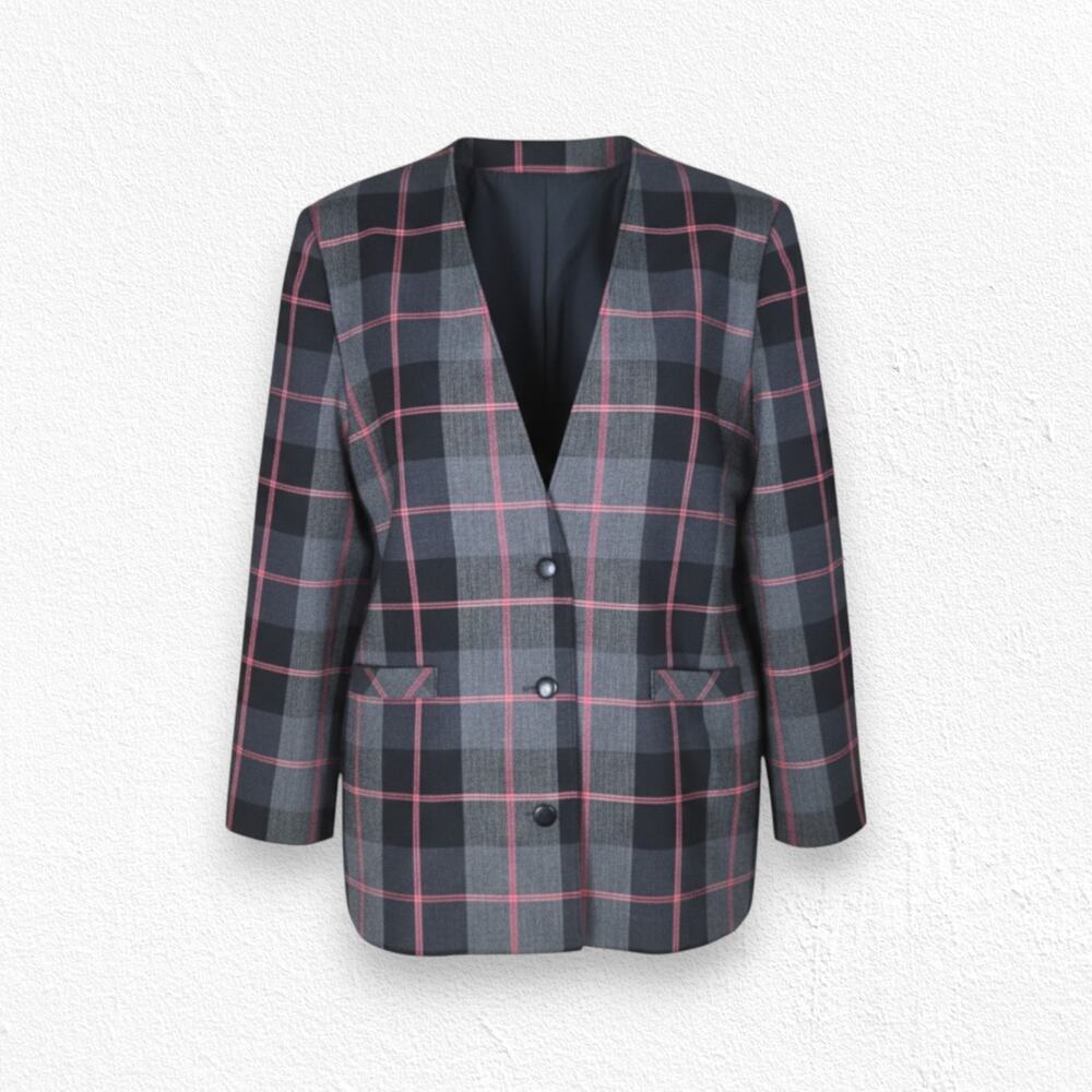 Vintage 90s Charcoal Gray Pink Plaid Boxy Blazer Petite Jacket Size 12P